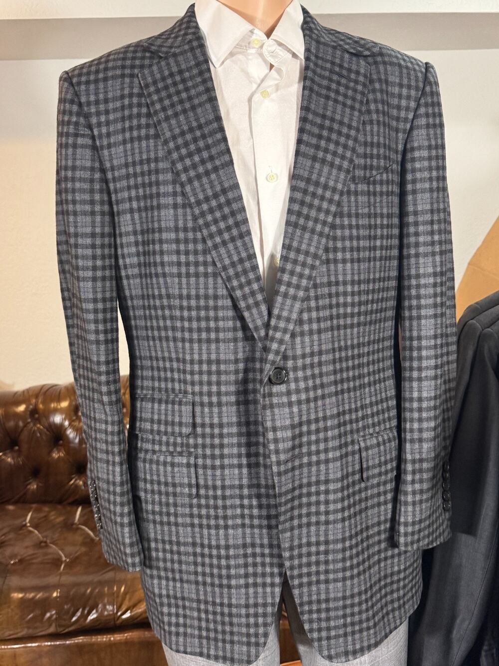 Tom Ford Plaid Storm Collar Flannel Tweed Gray Guncheck Blazer 54 44R O'Connor